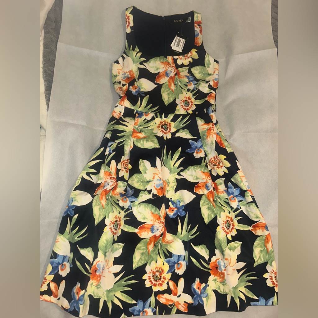 Lauren Ralph Lauren Navy Tropical Floral Square Neck Midi Flare Dress Nwt Size 2